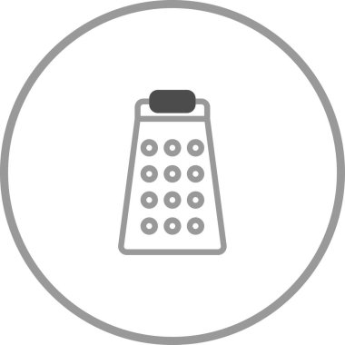 Yuvarlak bir çerçeveye sarılı mutfak rendesi olan minimalist bir simge, beyaz bir zemin üzerine basit gri bir ana hatla çizilmiş. Yemek pişirme ve mutfak aletlerini temsil eder.