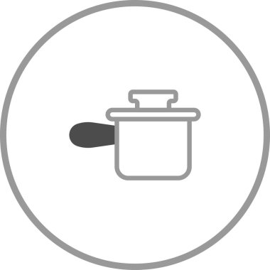 Yemek tenceresinin sapı ve kapağı olan minimalist çizgisi çizimi. Görüntü beyaz bir arkaplanda izole edilmiş ve basit, temiz bir tasarıma sahip..