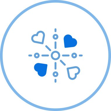 Birbirine bağlı kalpleri gösteren, aşkı, ilişkileri ve bağlantı ağını sembolize eden bir vektör grafik tasarımı. Tasarım bir daire şeklini ve beyaz arkaplanda dekoratif elementleri içerir..