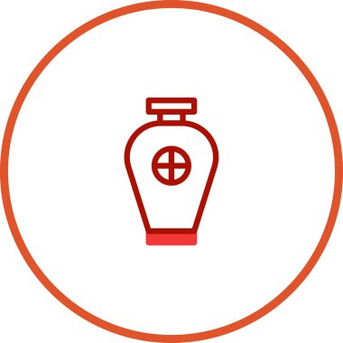 Geometrik dizaynlı kırmızı bir vazo ikonu bir daire içinde izole edilir. Minimalist tarzı klasik ve dekoratif bir dokunuş katıyor..
