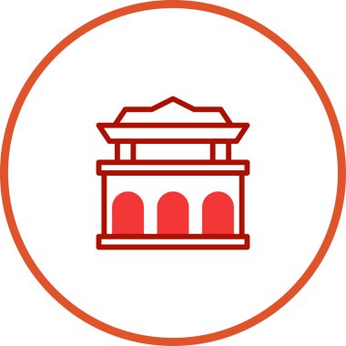 Yuvarlak çerçeveli geleneksel bir Asya binasının ya da tapınağının temiz ve minimalist bir çizimi. Tasarım mimari unsurları ve kültürel mirası vurguluyor..