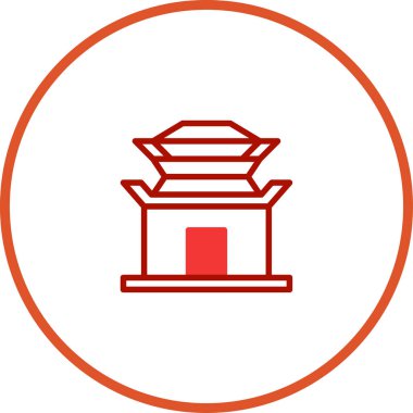 Kırmızı çizgili minimalist bir sanat çizgisi, kültürel miras ve mimari tasarım sergilenen geleneksel bir Asya yapı tapınağını tasvir ediyor..