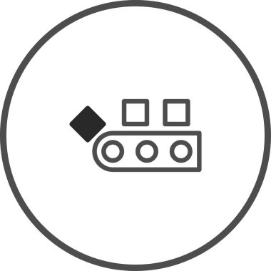 Temiz, minimalist bir ikon kare nesneleri hareket ettiren bir taşıyıcı şeridi tasvir eder. Bu resim otomasyon, üretim ve endüstriyel süreçler gibi kavramları temsil etmektedir..