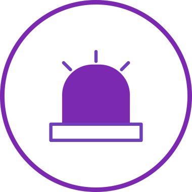 Çemberin içinde bir minimalist mor simge, acil durum alarmını, uyarıyı ya da uyarı sistemini temsil ediyor. Çeşitli güvenlik ve alarmlar için kullanılabilir..