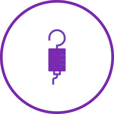 Beyaz arkaplandaki minimalist bir mor simge damar içi damlalar sergiliyor, tıbbi teknolojiyi, sağlık hizmetlerini ve tedavi yöntemlerini sembolize ediyor..