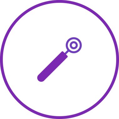 Mor bir diş aynası minimalist bir vektör çizimi, beyaz bir arka plana karşı dairesel bir çerçeve içinde, sağlık ve diş sağlığını temsil ediyor..