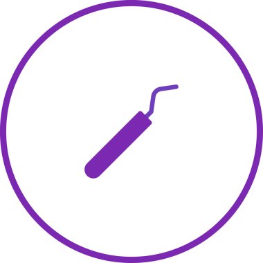 Bir diş aleti simgesinin minimalist bir çizimi. Bu tasarım mor bir çember içinde ağız sağlığını temsil eden bir diş araştırmasını içeriyor..