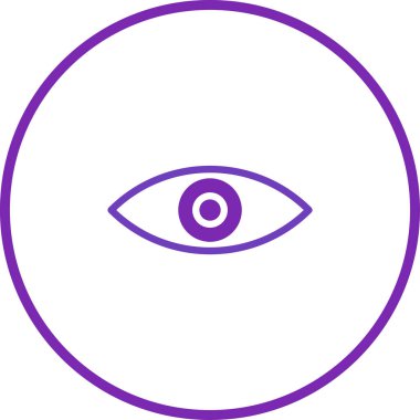Çember içinde belirlenmiş minimalist mor göz simgesi, görüşü, algıyı ve berraklığı sembolize ediyor. Temiz tasarım görme ve gözlemlemeyi temsil eder..