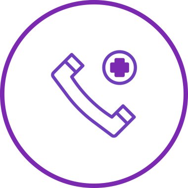 Tıbbi haçı olan bir telefon ikonunun menekşe çizgisi çizimi acil sağlık hizmetleri ve teletıp hizmetlerini sembolize eder.