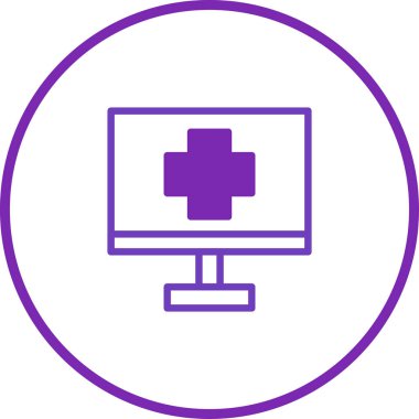 Ulaşılabilir tıbbi yardım için çevrimiçi sağlık hizmetleri, teletıp ve dijital sağlık çözümlerini temsil eden, tıbbi haç gösteren bir bilgisayar monitörünü gösteren minimalist bir simge.