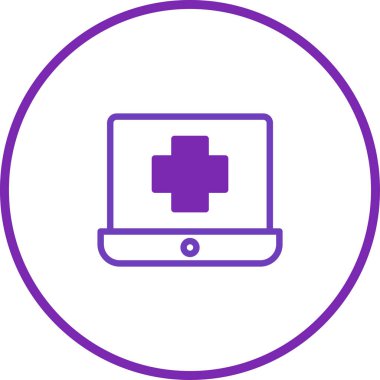 Mor dizüstü bilgisayar, modern kolaylık için teknolojiyle ulaşılabilen çevrimiçi sağlık ve dijital sağlık hizmetlerini sembolize eden bir tıbbi haç sergiliyor..
