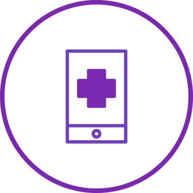 Tıbbi haç sembollü bir akıllı telefonun yer aldığı dijital bir illüstrasyon, tele sağlık ve dijital sağlık çözümlerini temsil ediyor. Taşınabilir sağlık uygulamaları için basit simge tasarımı.