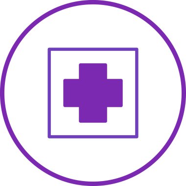 Sağlık hizmetleri, web siteleri ve uygulamalar için ideal, tıbbi yardım ve hizmetleri temsil eden temiz ve modern bir mor haç simgesi