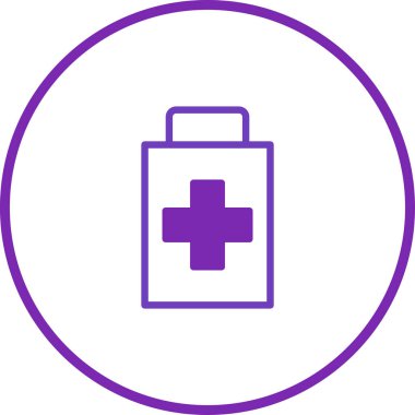 Üzerinde haç olan basit, minimalist bir sağlık çantası, mor bir çemberle kaplanmış, sağlık, ilk yardım ve acil servisi simgesi..