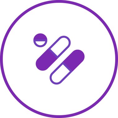 Çağdaş bir estetik için mor ve beyaz renklere bürünmüş, temiz ve minimalist bir tasarımla hapların ve kapsüllerin bir illüstrasyonunu içeren parlak ve modern bir tıp ikonu..