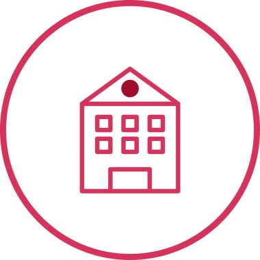 Temiz, minimalist bir vektör grafiği kırmızı çizgili bir bina, dairesel bir çerçeveyle çevrili. Mimari veya tasarımla ilgili konular için ideal.