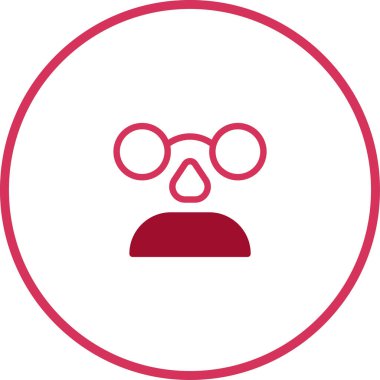 Bir minimalist vektör çizimi dairesel çerçevenin içinde yuvarlak gözlüklü bir yüzü tasvir eder, basit ve modern bir tasarımla sunulur. Simge veya grafik kullanımı için uygun düz kırmızı bir renge sahiptir..