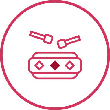 Çubuklu bir davulu olan biçimlendirilmiş bir ikon, bir daire içinde pembe bir ana hatla sunuluyor. Müzik, perküsyon ya da eğlence ile ilgili kavramları temsil etmek için ideal.