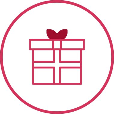 Yuvarlak bir çerçeve içinde bulunan kurdele yayı olan bir hediye kutusunun minimalist bir illüstrasyonu, şenlikli durumlar ve tasarım unsurları için mükemmeldir..