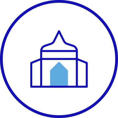 Mavi çember içindeki bir mescitin minimalist bir simgesi, İslami temalar ve kültürel tasarımlar için ideal..