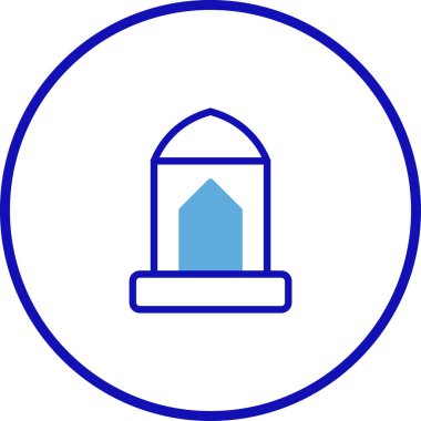 Mavi dairesel bir sınır içindeki bir caminin minimalist simgesi, İslami inanç, kültür ve mimariyi simgeliyor, basit, zarif bir tasarım..