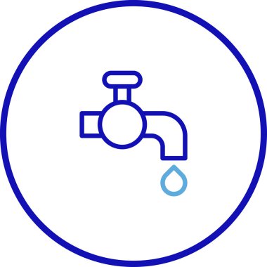 Su damlası olan bir musluğun minimalist vektör simgesi, dairesel çerçeve içinde sunulan suyun korunumu ve temizliği sembolize ediyor..