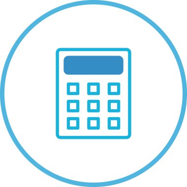 Beyaz zemin üzerinde izole edilmiş minimalist mavi hesap makinesi simgesi. Tasarım, dijital arayüzler ve grafikler için mükemmel dairesel bir çerçeve içinde temiz, basit bir anahat içerir..