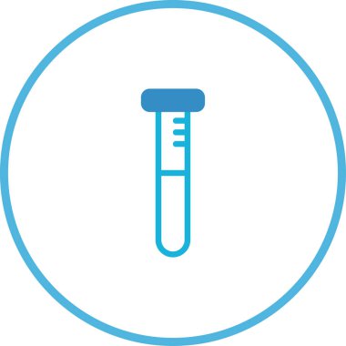 Ölçüm ölçeğine sahip basit mavi test tüpü simgesi, dairesel bir çerçeve içinde beyaz üzerine izole edilmiş. Bilimsel, tıbbi veya eğitim içeriği için ideal.
