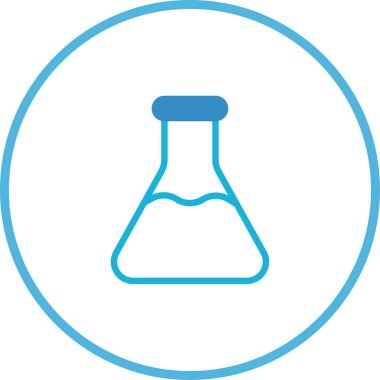 Mavi bir çemberin içinde beyaz bir zemin üzerinde bir mataranın minimalist mavi çizimi. Bilim, laboratuvar veya araştırma temaları için elverişli.