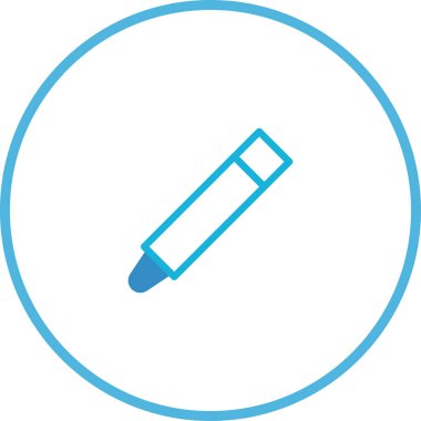 Basit bir mavi kalem simgesi, ince, dairesel bir çerçevenin içinde çizilmiş grafik ile temsil edilir, yazmak ve yaratıcılık için mükemmeldir.