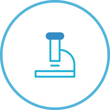 Biçimlendirilmiş bir açık mavi mikroskop ikonu, bilimsel araçları ve keşifleri temsil eden dairesel mavi bir kenarlıkla çevrili beyaz üzerinde izole edilmiştir..