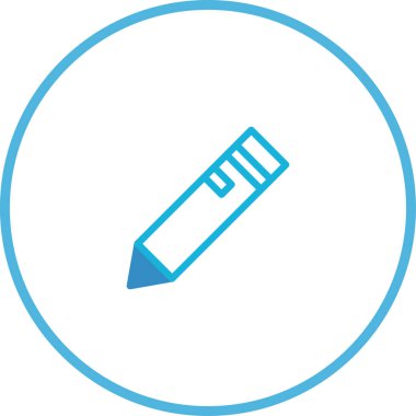 Düz beyaz arkaplan üzerinde mavi bir çerçeve ile daire içine alınmış, doğrusal dizaynlı mavi bir kalemin minimalist bir çizimi.