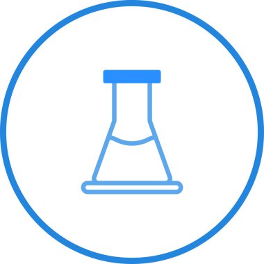 Beyaz bir zemin üzerinde izole edilmiş, dairesel bir sınır içinde bulunan sıvı içeren bir bilim şişesinin minimalist mavi çizimi..