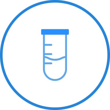 Mavi çizgili, içinde sıvı bulunan bir test tüpünün basit bir çizimi, temiz beyaz arka plana karşı ayarlanmış ve mavi bir daire tarafından çerçevelenmiş..