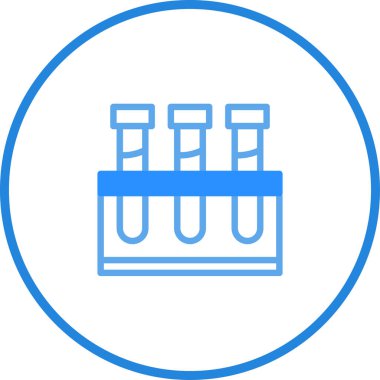 Bilim ve sağlık temalı tasarımlar için mükemmel olan raftaki üç laboratuvar tüpünün minimalist vektör çizimi.