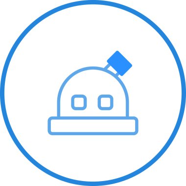 Bu resim dairesel bir çerçevenin içindeki klasik astronot kaskının basitleştirilmiş mavi çizgi sanatını gösteriyor. Uzay, bilim ve retro estetik ile ilgili tasarımlar için mükemmel..