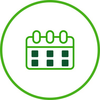 Zamanlama ve zaman yönetimini temsil eden yeşil takvim simgesi. İş ve kişisel organizasyonlarda etkinlikleri, atamaları ve hatırlatıcıları sembolize etmeye uygundur.