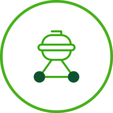 Bir minimalist yeşil çizim dairesel çerçevede barbekü mangalı tasvir ediyor, yaz mangalları için ideal..
