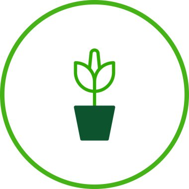 Minimalist bir vektör illüstrasyonu, yeşil bir tencerede büyüyen yeşil bir bitkiyi gösteriyor, canlı yeşil bir sınırla çevrelenmiş, doğa ve büyüme temalarını iletiyor..