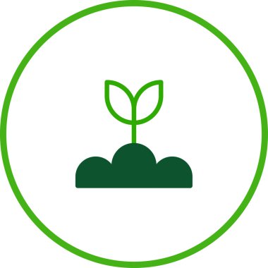 Topraktan çıkan yeşil bir filiz içeren basit ama etkili bir ikon, yeşil bir dairede kapsüllenmiş, büyüme, doğa ve çevresel bilinci sembolize eder..