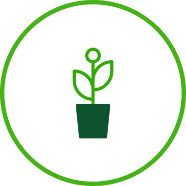 Yeşil bir çemberle çevrili bir saksıdaki bitkinin minimalist vektör çizimi. Doğa, büyüme ve çevre dostu kavramlar için mükemmel..