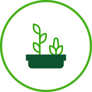 Bir tencerede yeşil fideleri gösteren minimalist bir ikon, bitki büyümesini, eko-bilinci ve sürdürülebilirliği simgeliyor..