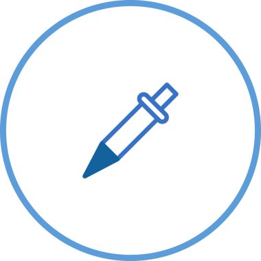 Bu temiz vektör ikonu, tıbbi, bilimsel veya ilaç temaları için ideal mavi bir pipet düşürücü tasvir eder. Minimalist tasarım mavi daire şeklinde çevrili.