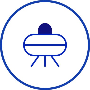Dairesel bir çerçevede minimalist mavi UFO simgesi tasarımı, dünya dışı yaşamı, uzay keşiflerini ve bilim kurgu temaları için ideal tanımlanamayan uçan nesneleri sembolize eder..