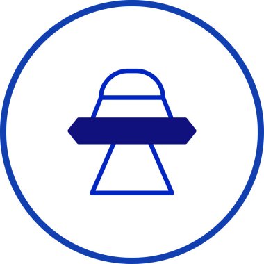 Mavi dairesel çerçeve içinde mavi bir UFO simgesi barındıran basit ve temiz bir tasarım. Teknoloji, uzay keşfi ve bilinmeyeni temsil eder..