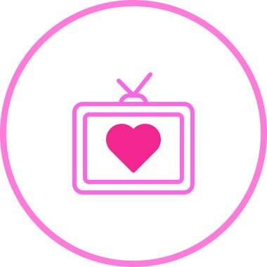 Pembe bir televizyon ikonu, kalbinin ortasında pembe bir çemberin içinde. Bu aşk yayıncılığını ve bağlantıyı simgeliyor..