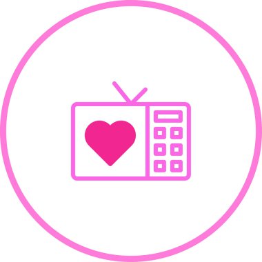 Ekranında kalp ikonu olan pembe bir televizyon seti. Pembe bir çemberle çevrili. Medya ve teknoloji aracılığıyla aşkı simgeliyor..