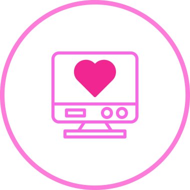 Kalp sembolü gösteren bir bilgisayar monitörü simgesinin minimalist tasarımı. Bu teknoloji, dijital romantizm ve online bağlantıyı temsil ediyor..