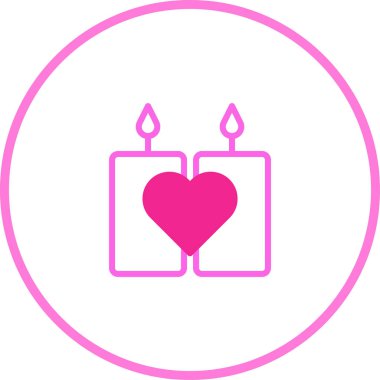 Merkezi kalp şeklinde iki mum gösteren minimalist pembe çizgi sanat simgesi. Hepsi de aşk ve romantizmi sembolize ediyor..