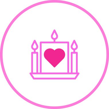 Pembe vektör illüstrasyonu, basit bir ikon tasarımında aşkı, sevgiyi ve kutlamayı sembolize eden, mum ışığında kalp süslemeli bir mum tasvir eder..